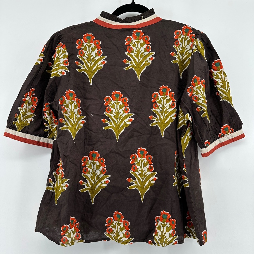 THML Block Print Floral Ruffle Neck Puff Sleeve Top Women's Medium Boho - Picture 3 of 9
